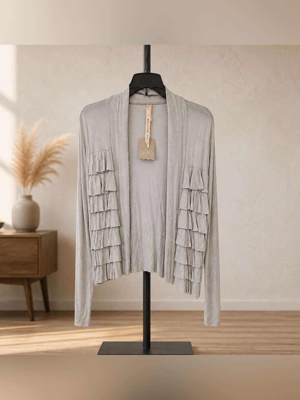 Anthropologie Bailey 44 Gray Tiered Ruffle Open Cardigan M NWT